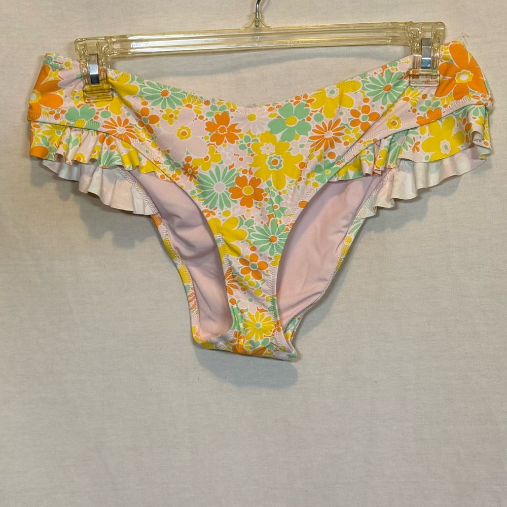 AA-78 Aerie NWT Cheekiest Yellow‎ & Orange Floral Ruffled Bikini Bottom Size XL